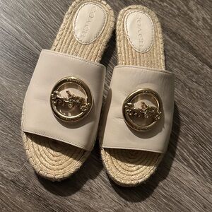 Coach Women's Tan Espadrille Slides with Gold Accent